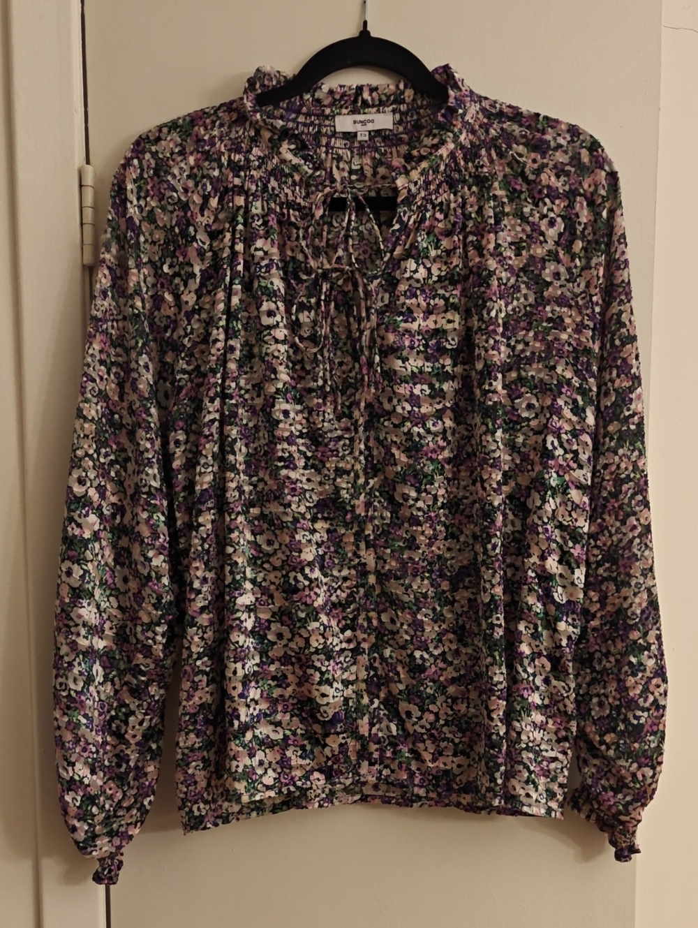 SUNCOO Crushed Velvet Purple Floral Tie-Neck Long-Sleeve Blouse